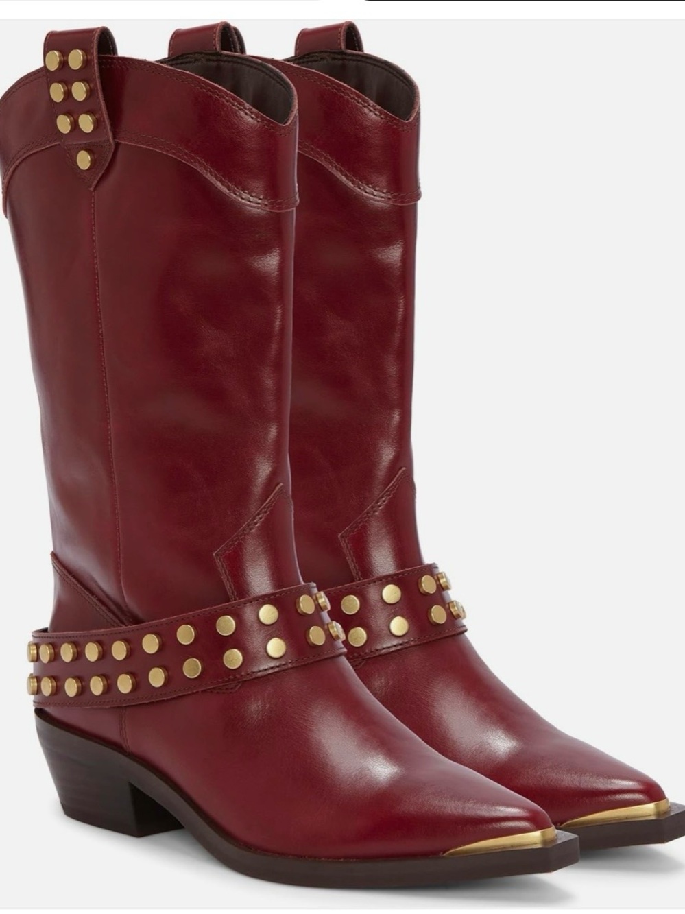 Vince Camuto Burgundy Leather Studded Mid-Calf Boot with Gold Accents